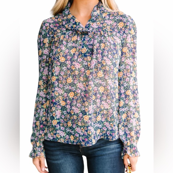 Listicle Tops - Listicle  Navy Blue with Ditsy Floral Long Sleeve Blouse M